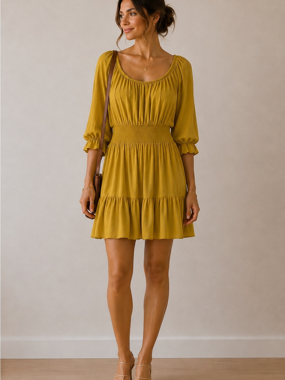Wrangler Mustard Smocked-Waist Mini Dress